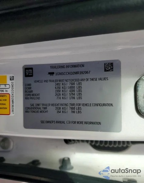 2021 Chevrolet Suburban C1500 Lt z USA, uszkodzony, nr VIN 1GNSCCKD2MR392067